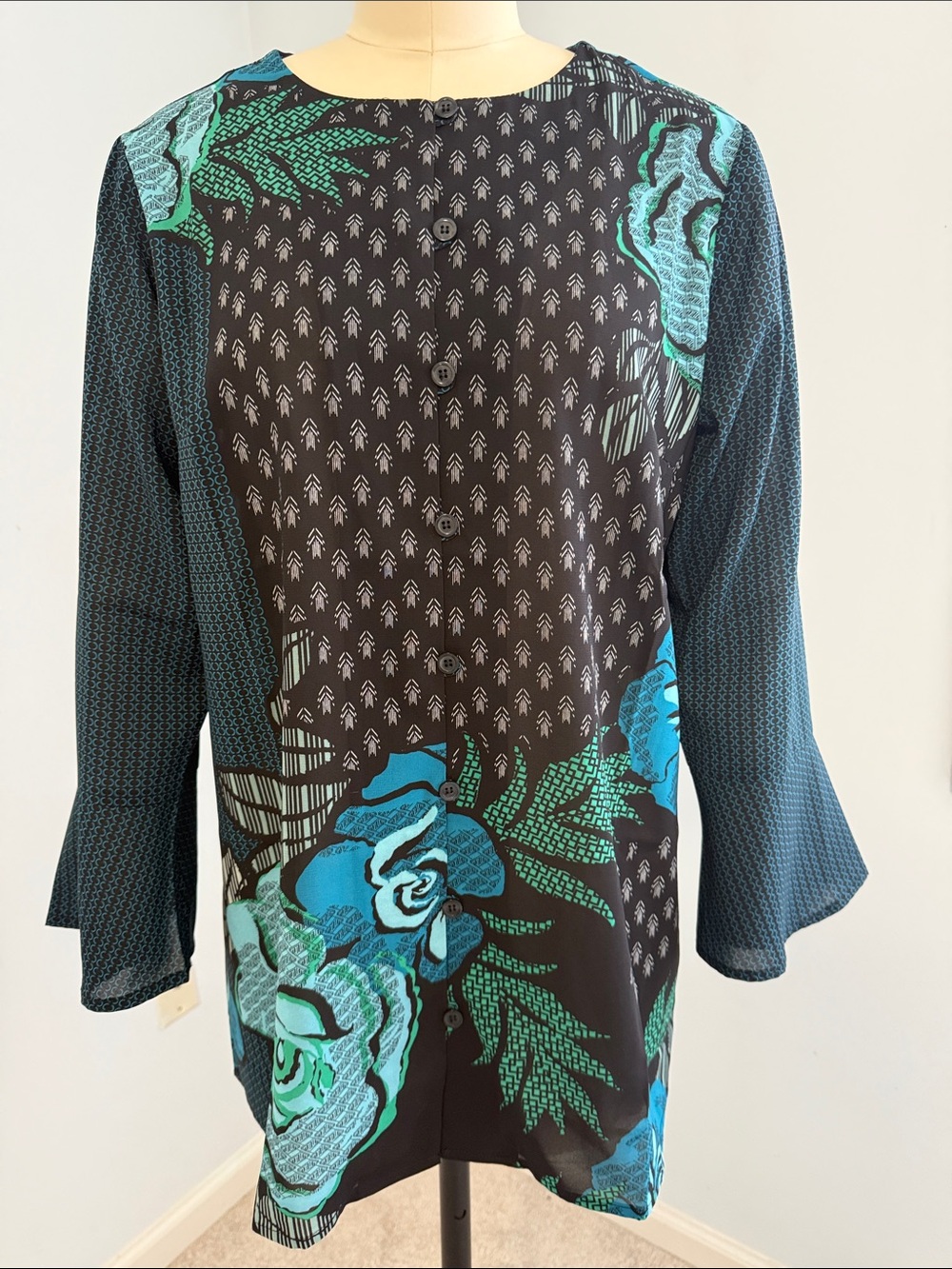 Bob Mackie Black with Teal Floral Print Button up long sleeve blouse SZS